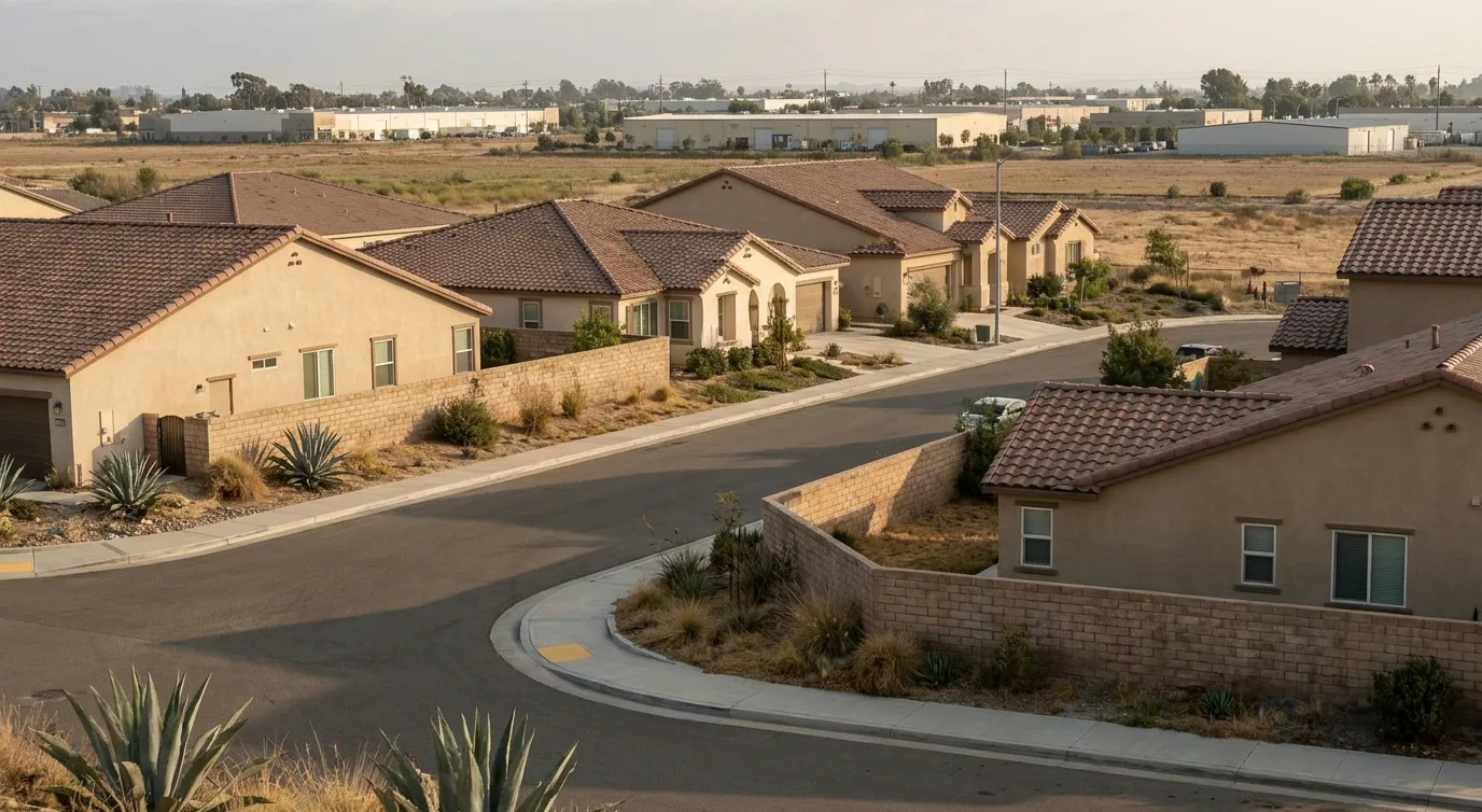 Residential street near open fields with older block-walled homes in south-western Chula Vista