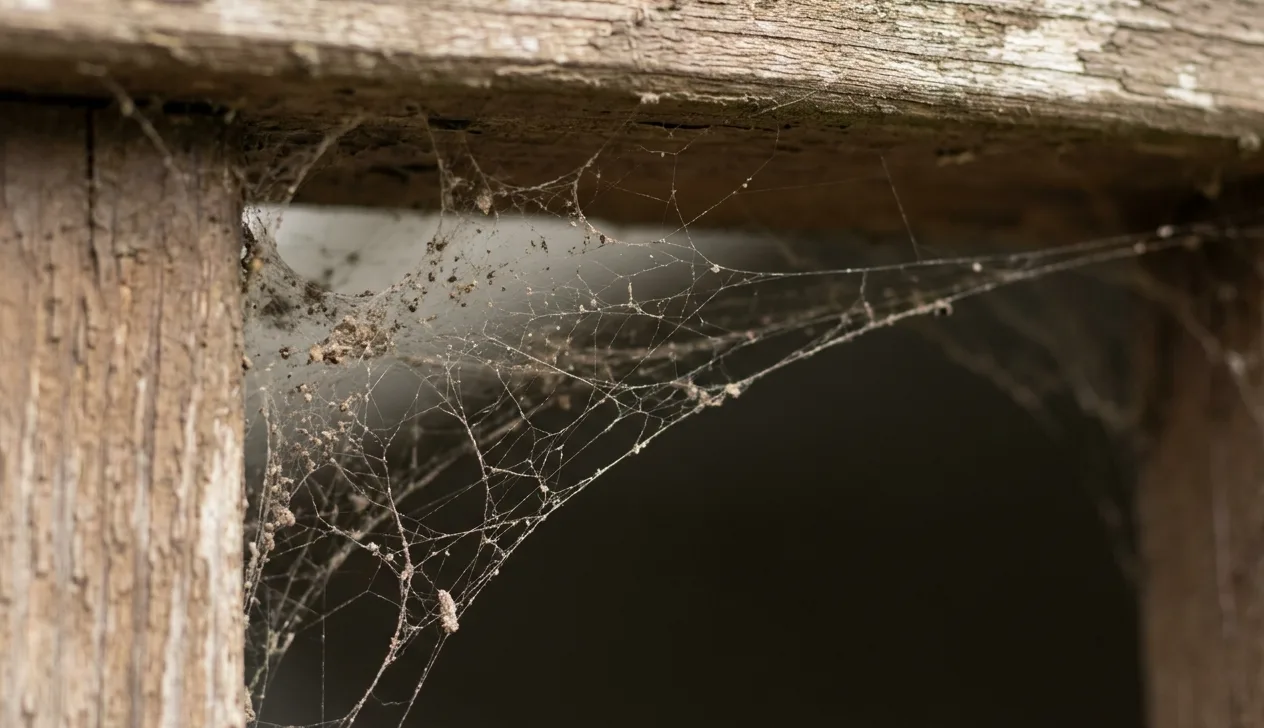 Tangled irregular web spun beneath the underside of a timber patio railing