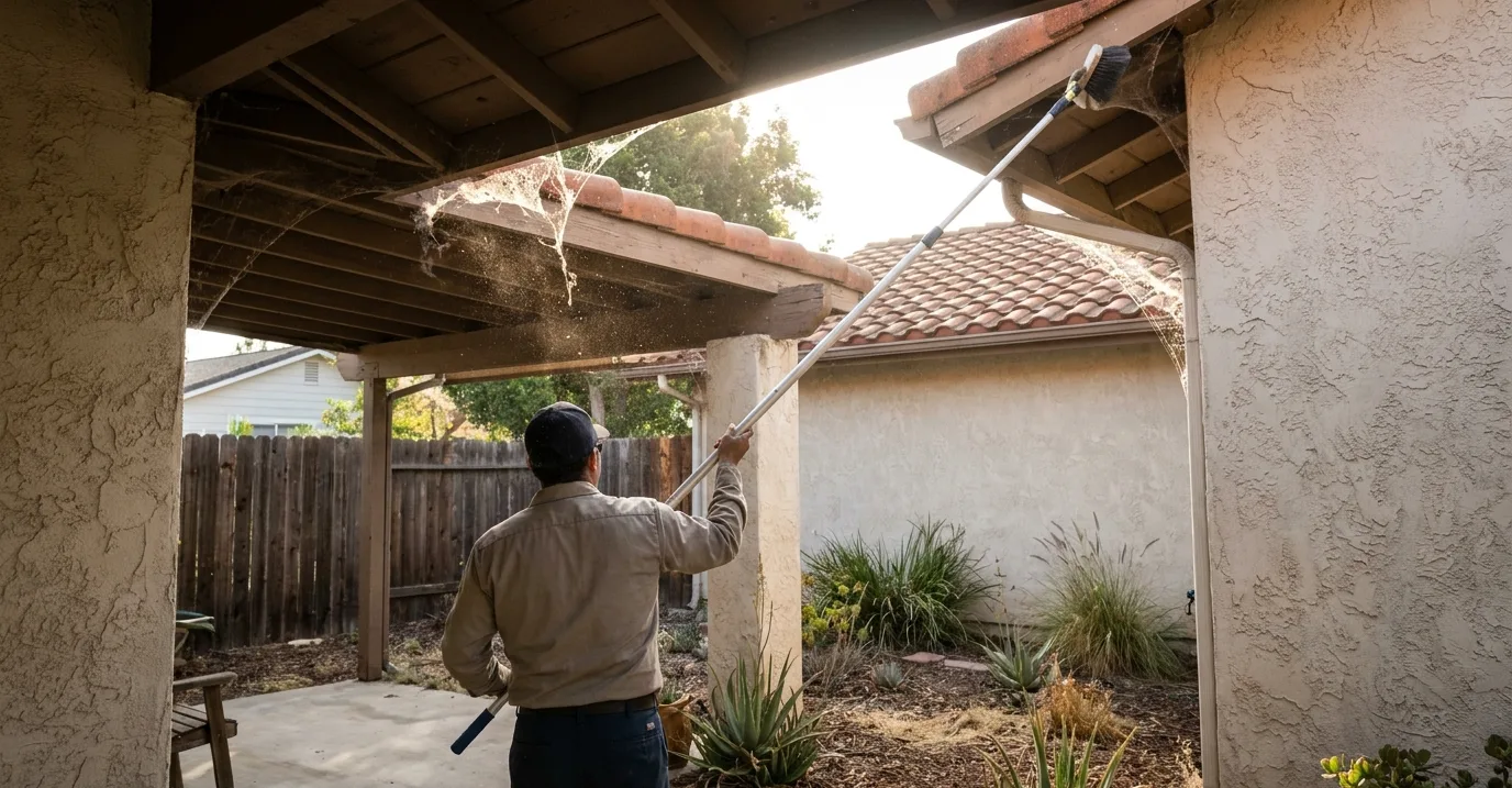 Technician clearing cobwebbing from the corner of a covered patio with an extension duster