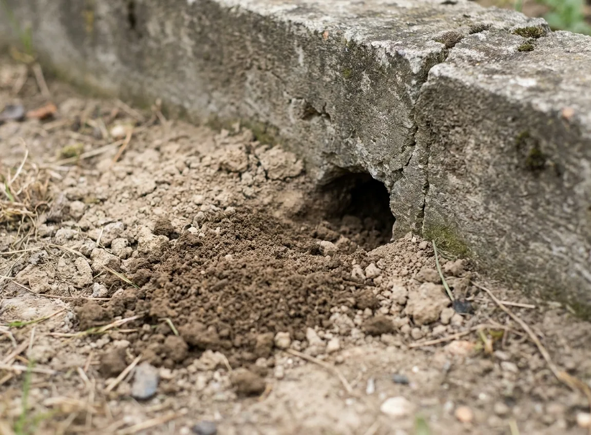 Fresh burrow opening at the base of a Spring Valley retaining wall with earth fanned out Fresh burrow opening at the base of a Spring Valley retaining wall with earth fanned out