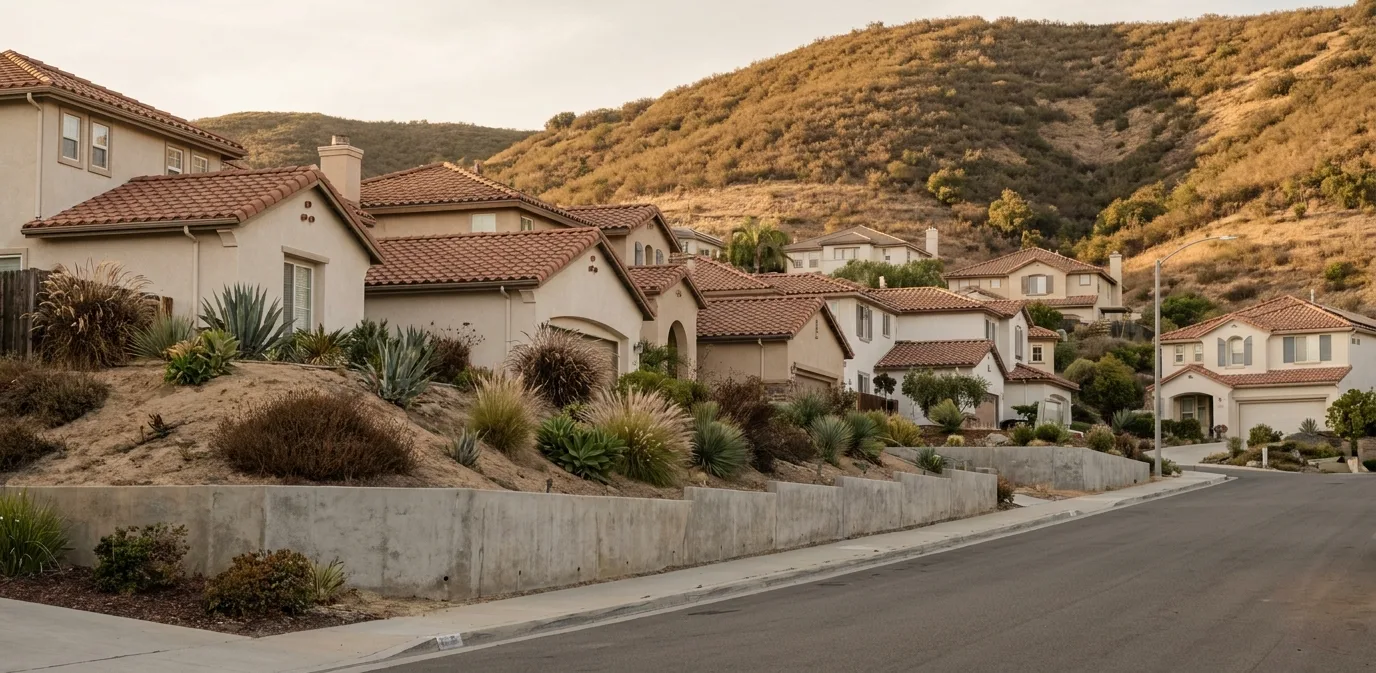 Hillside homes stepped up a slope on concrete retaining walls in Spring Valley, California