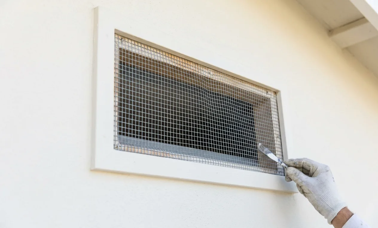 Gable vent newly fitted with grey metal mesh to keep squirrels out of an attic
