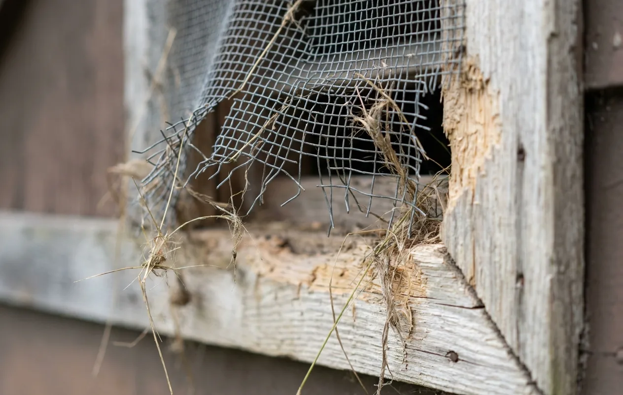 Gnawed timber and caught nesting fibre around a torn gable vent screen Gnawed timber and caught nesting fibre around a torn gable vent screen