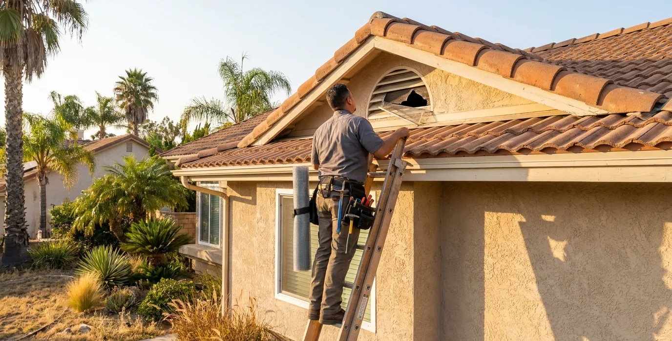 Technician on a ladder examining a torn gable vent where squirrels are entering a Chula Vista attic