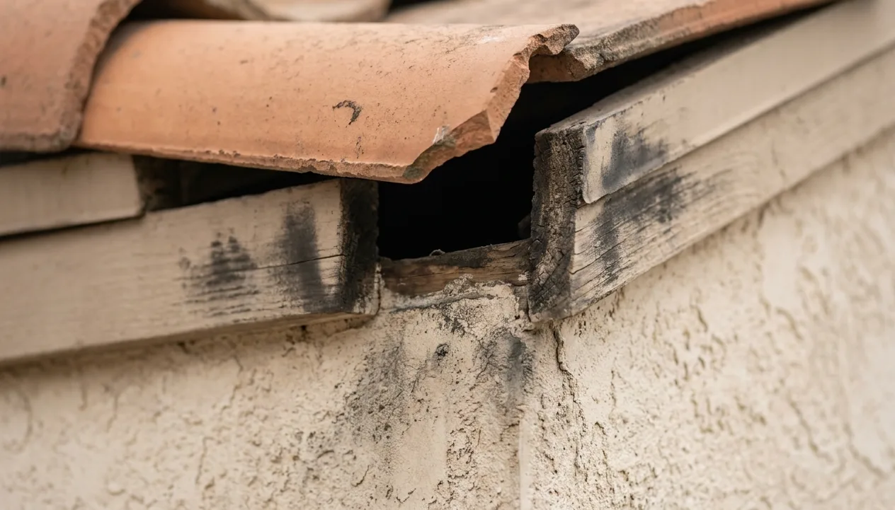 Gap opened beneath a roof tile on a Sunbow stucco home