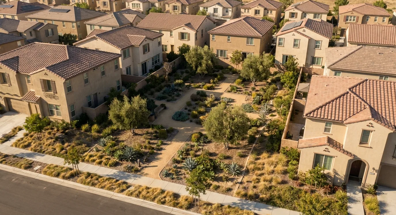 Tidy planned neighbourhood of stucco homes around a landscaped park in Sunbow, Chula Vista