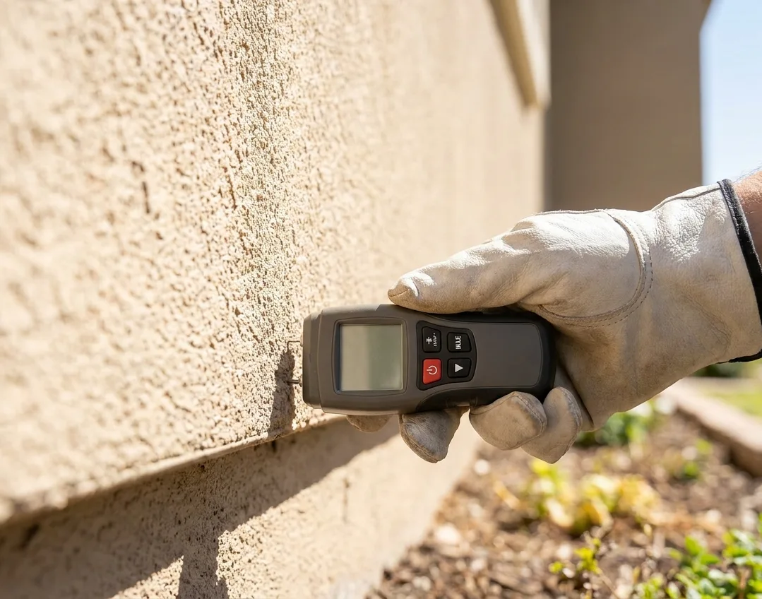 Gloved hand holding a moisture meter against the base of a stucco wall during a termite inspection