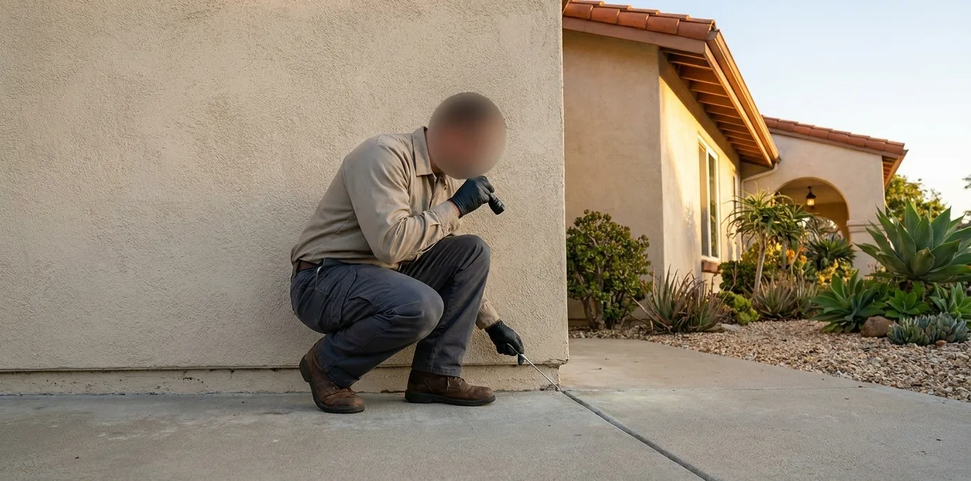 Technician probing the base of an exterior stucco wall during a Chula Vista termite inspection