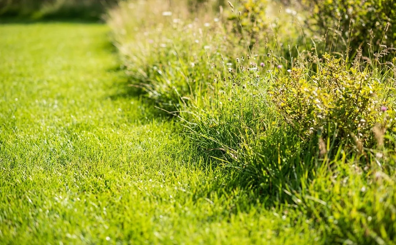 Mown lawn edge meeting taller grass and brush, the boundary where ticks wait