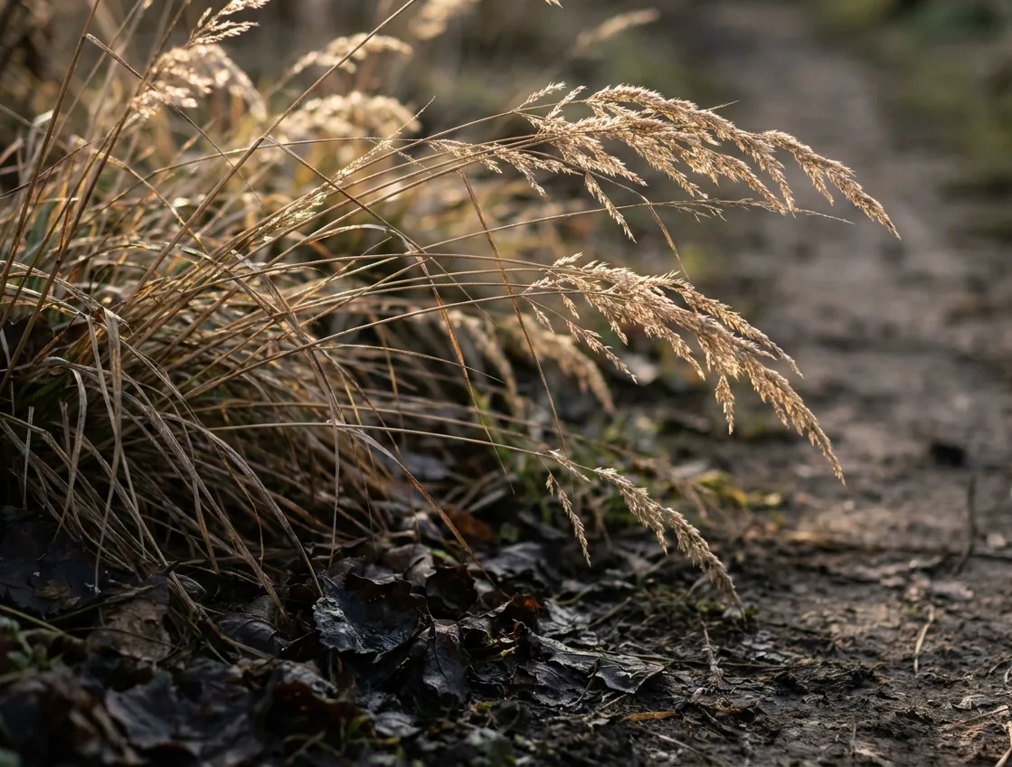 Backlit dry grass stems and shaded leaf litter at the edge of a garden path where ticks wait Backlit dry grass stems and shaded leaf litter at the edge of a garden path where ticks wait