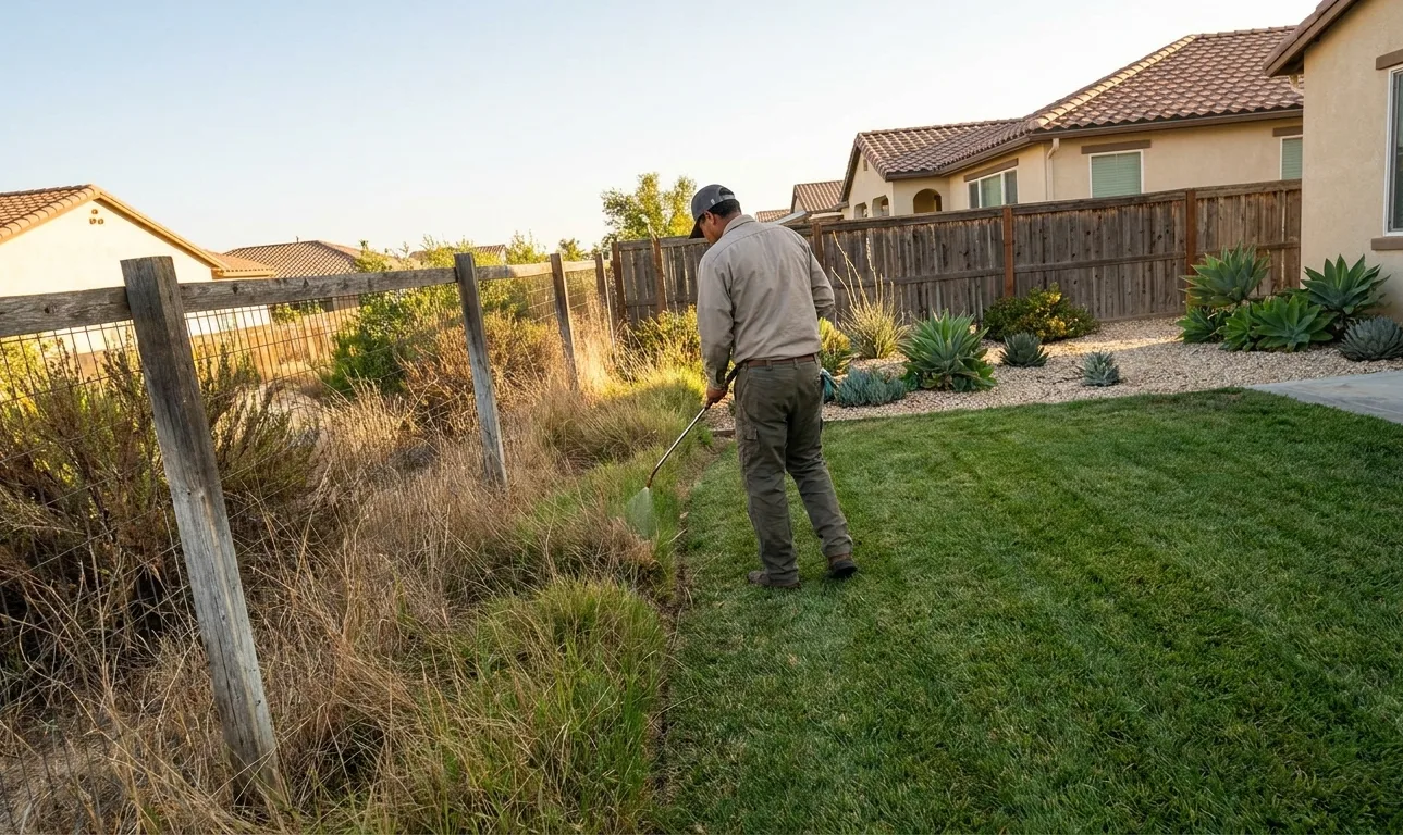 Technician treating the boundary where mown lawn meets tall grass and brush along a back fence